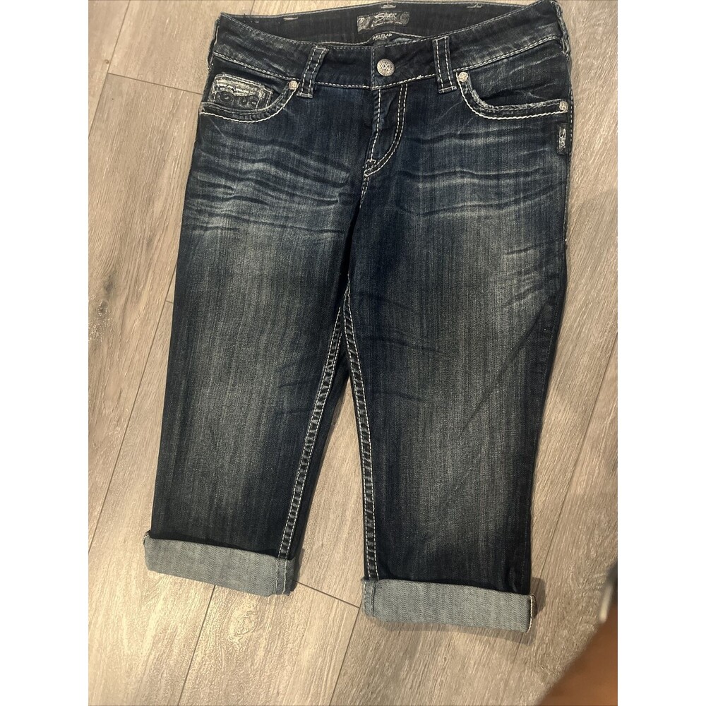 Silver Jeans Co. Suki Capri Women's 31 Dark Wash Distressed Cuffed Low Rise